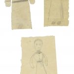 Maria Isolina M. (1865–1941), Modistin/milliner: «Drei Figuren», Bleistift auf Packpapier/Stoff, zum Teil ausgeschnitten, Augen aufgeklebt / three figures, pencil on packaging paper/fabric, partially cut out: Fig. 1: 12 x 5,2 cm, Fig. 2: 13,7 x 7,1 cm, Fig. 3: 10 x 4,9 cm, undatiert/undated, Sammlung Wil, StASG A 541/1.1.5075