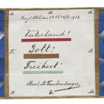 Karl T. (1884–1965), Beruf unbekannt/profession unknown: «Vaterland! Gott! Freiheit!», mehrfach eingepacktes Couvert, Collage, beschriftet / (Fatherland! God! Freedom!), object wrapped several times over, collage, with writing, 11 x 29,2 cm, 1913, Sammlung Wil, Inv. Nr. 77 recto, StASG A 541/1.2.6969